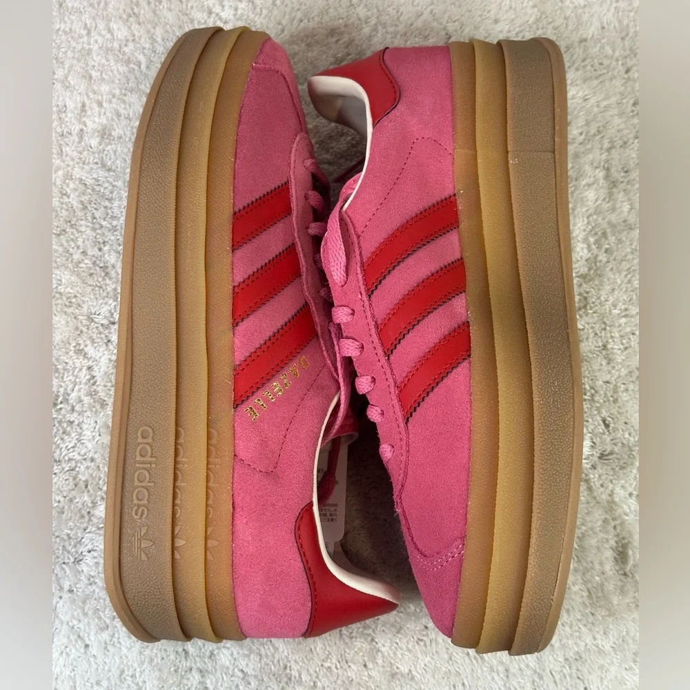 adidas Gazelle Platform Pink and Red Suede Athletic Shoes - Picture 6 of 9